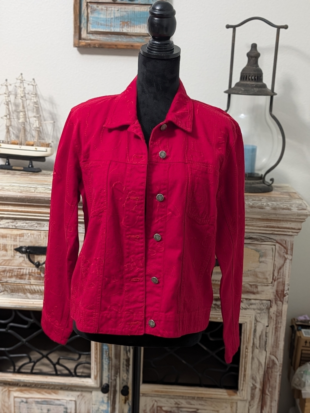 Chico’s Design Red Embroidered Denim Jacket Happy Enjoy Love Cotton Size 1